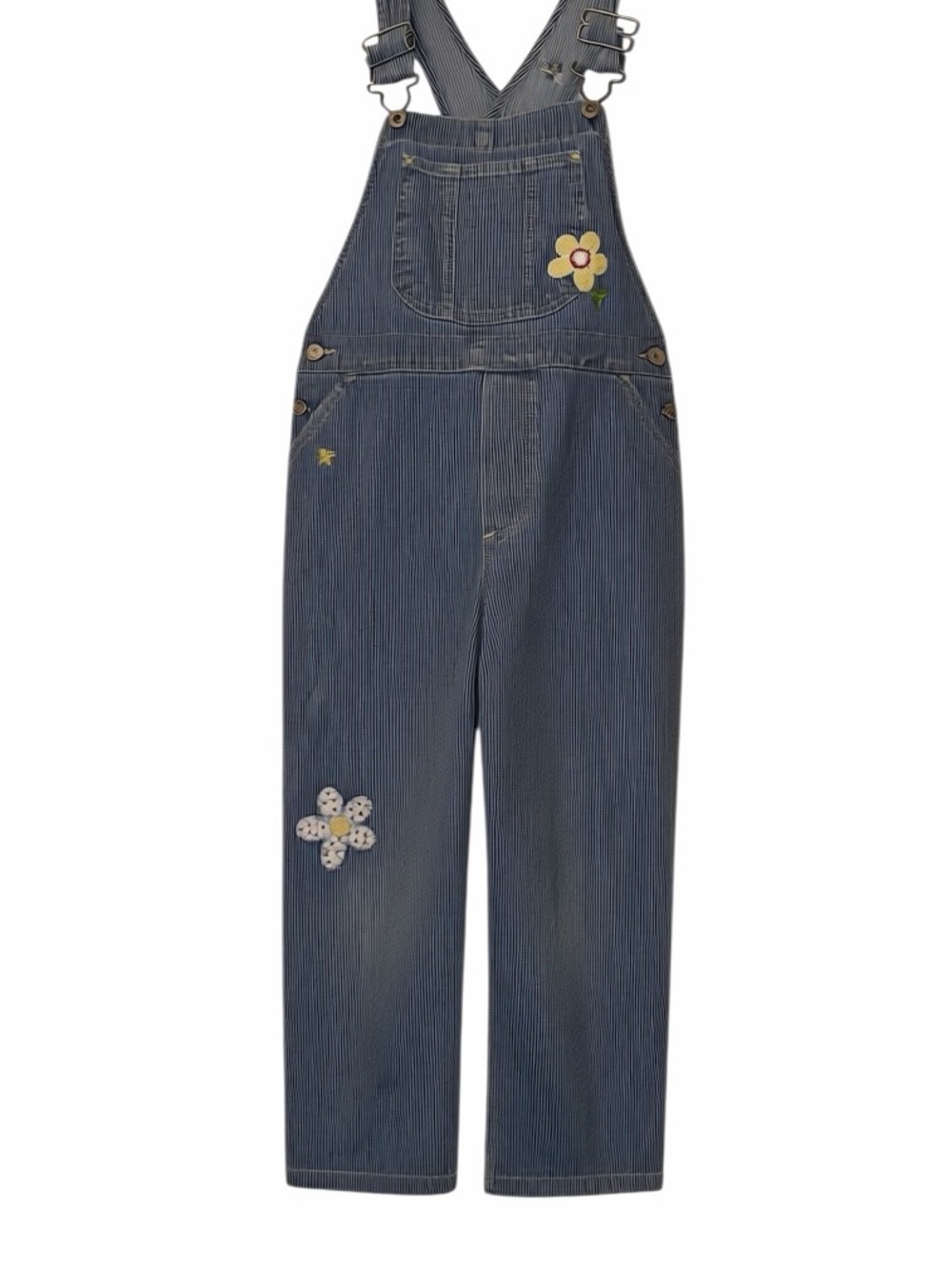 Vtg Gap Kids girls hickory strip floral embroidered overalls sz S